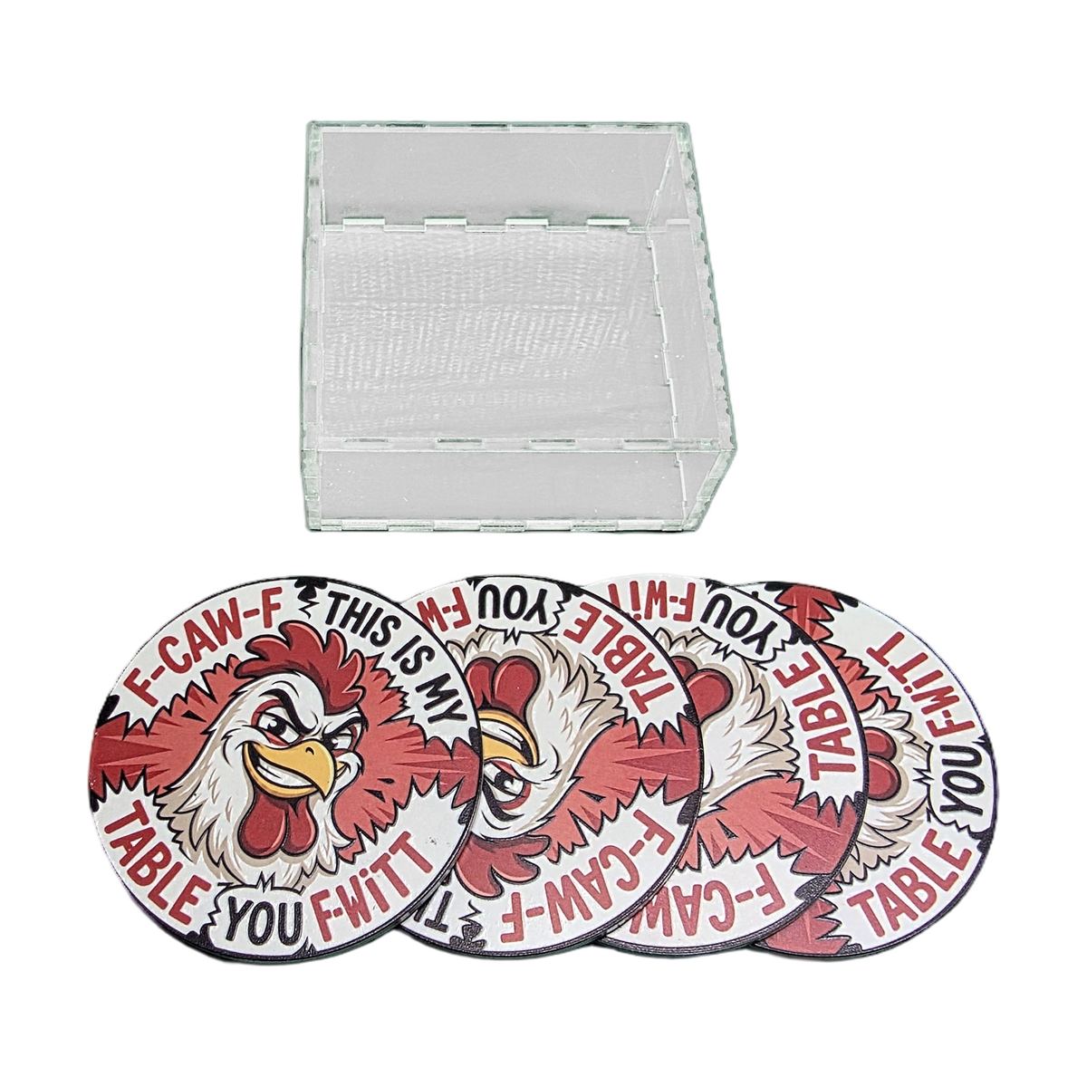 "F-Caw-F" Rooster Coaster Set in Clear Box
