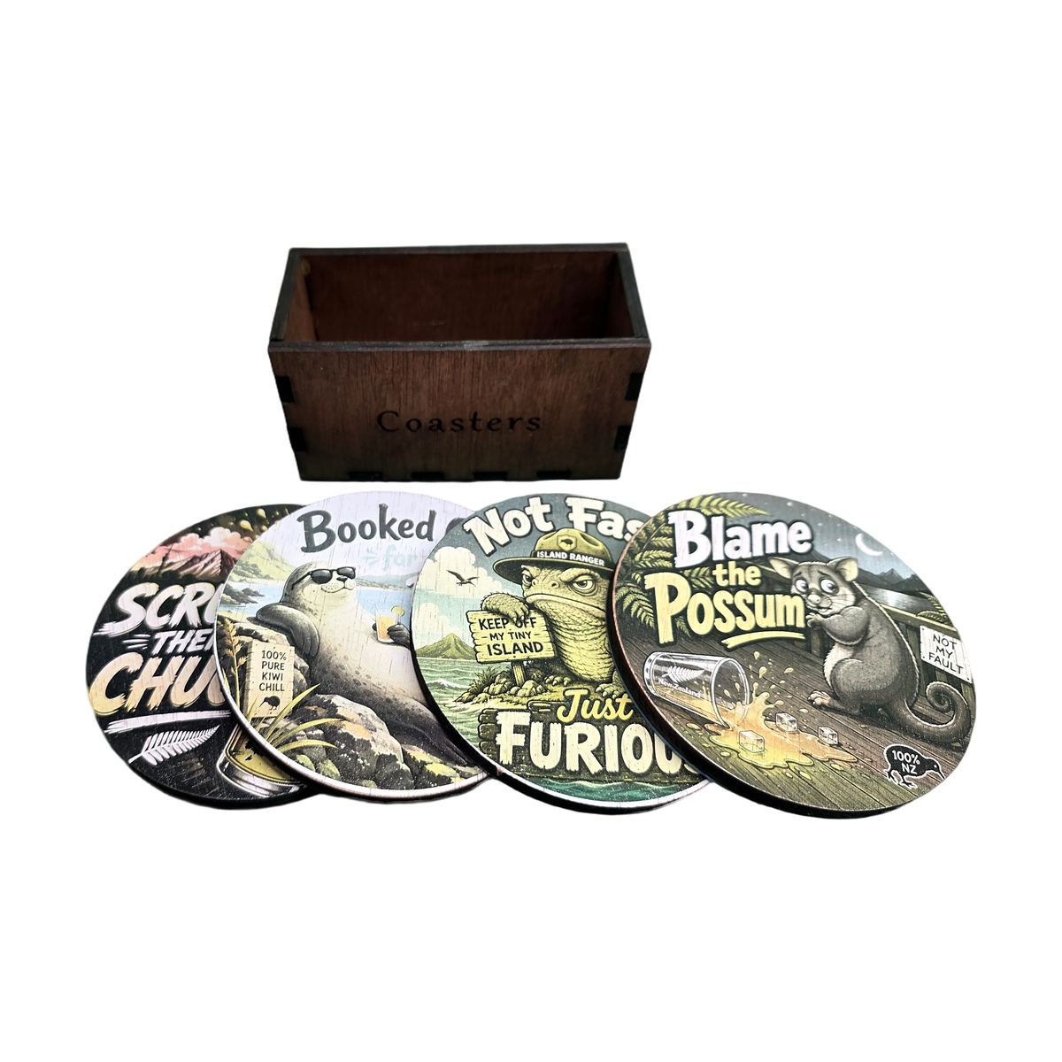 Kiwi Humour Coaster Set with "Coasters" Holder