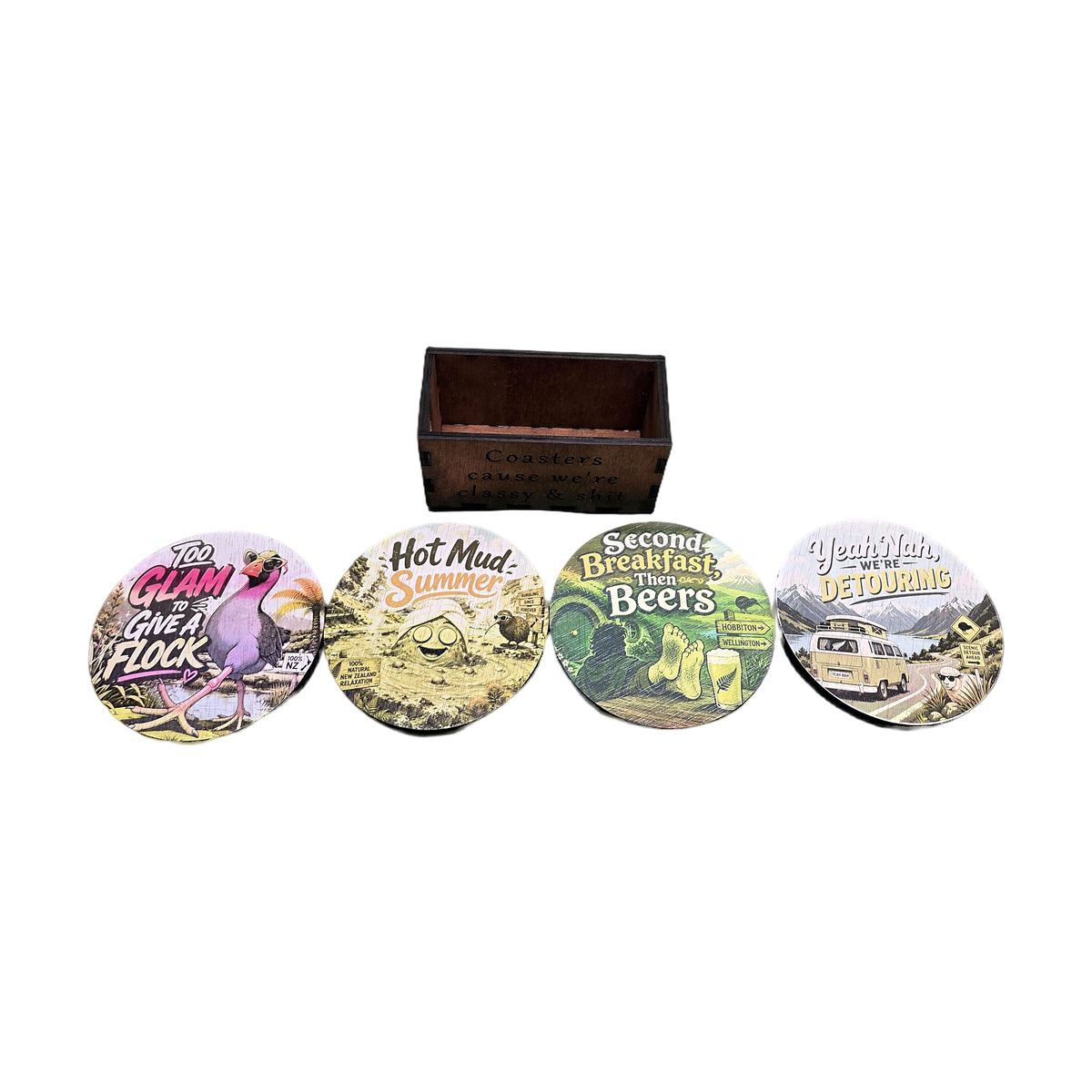 Kiwi Summer Coaster Set ("Give a Flock", "Hot Mud Summer")