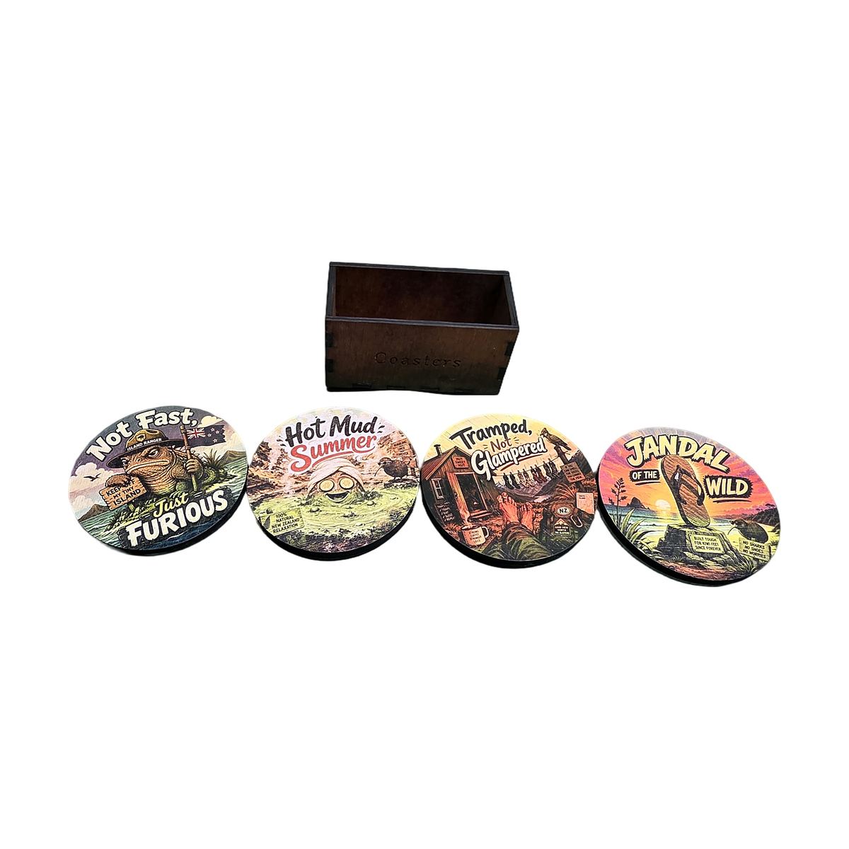 Kiwi Summer Coaster Set ("Not Fast, Just Furious", "Jandal Wild")