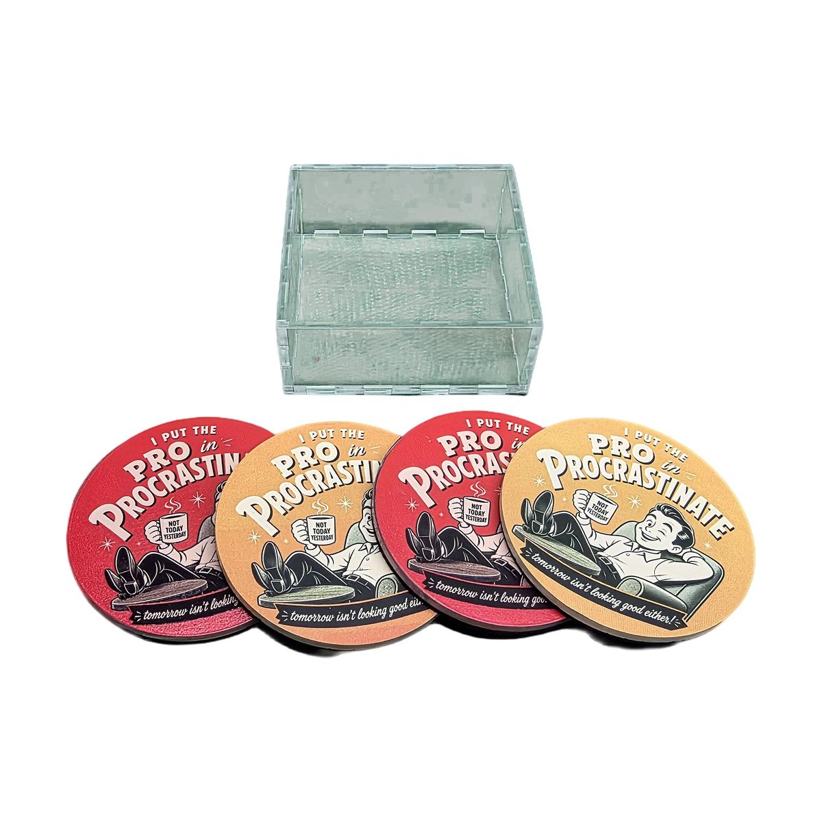 "Pro Procrastinator" Coaster Set in Clear Box
