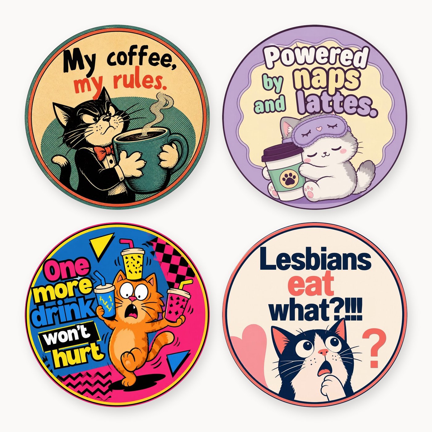 Cartoon Cat Attitude Coaster Set of 4