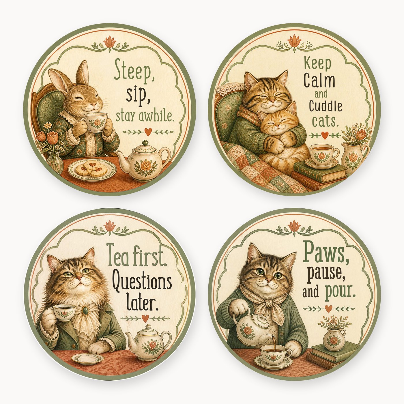 Vintage Tea Cats 3 Coaster Set of 4