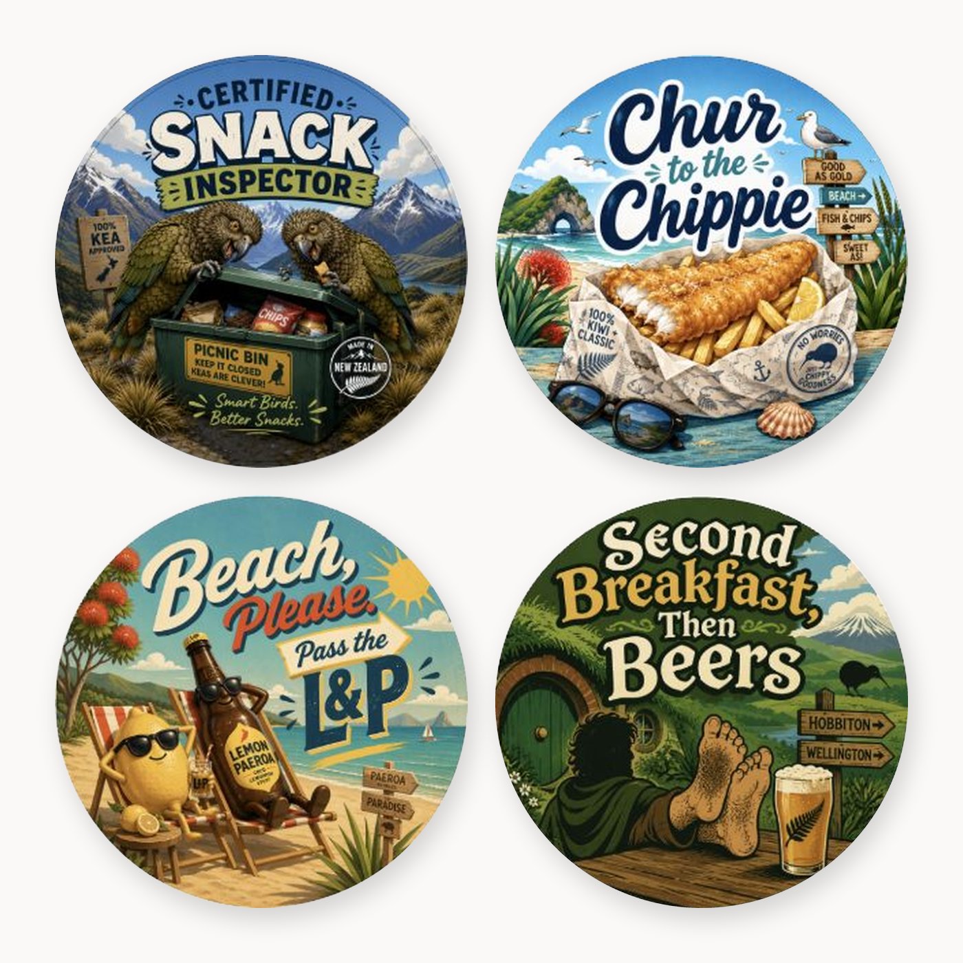 Kiwi Classics Coaster Set ("Chur Chippie", "Snack Inspector")