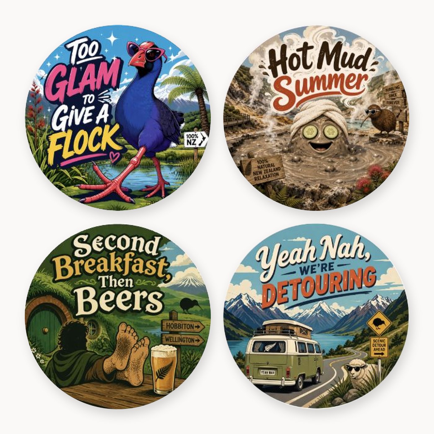 Kiwi Summer Coaster Set ("Give a Flock", "Hot Mud Summer")