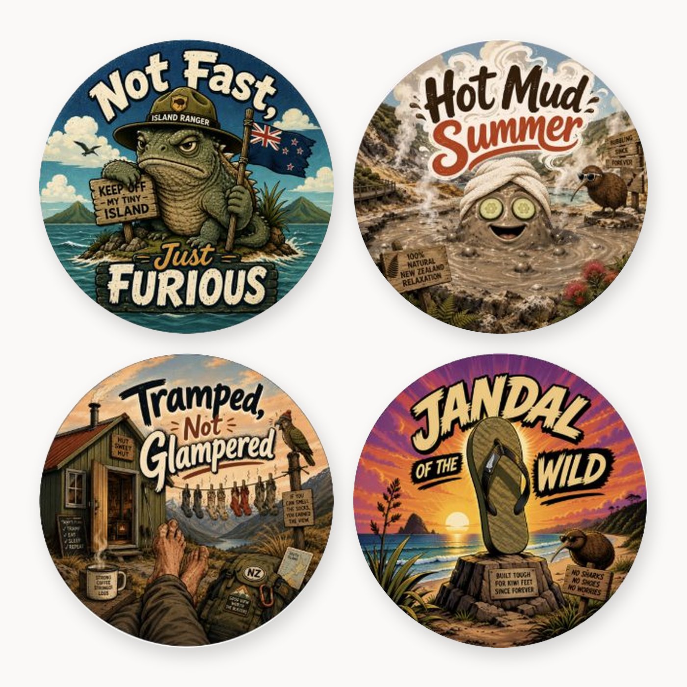 Kiwi Summer Coaster Set ("Not Fast, Just Furious", "Jandal Wild")