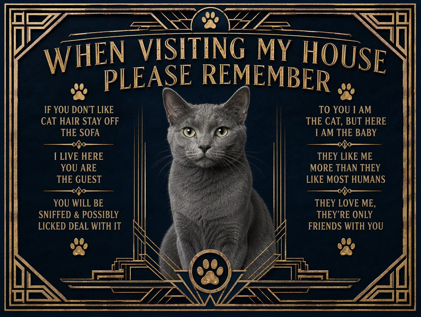 Cat Rules — Grey Gold Deco Sign
