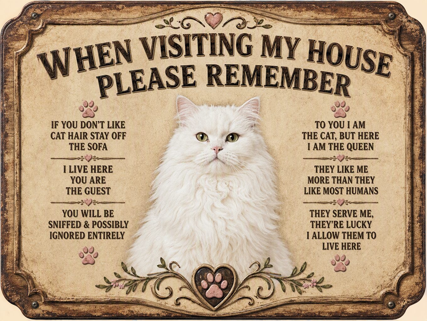 Cat Rules — White Persian Sign