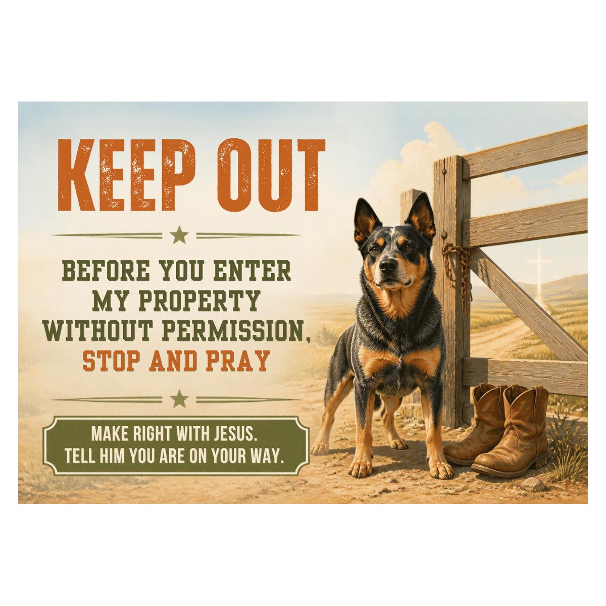 Keep Out — Stop and Pray (Cream) Sign