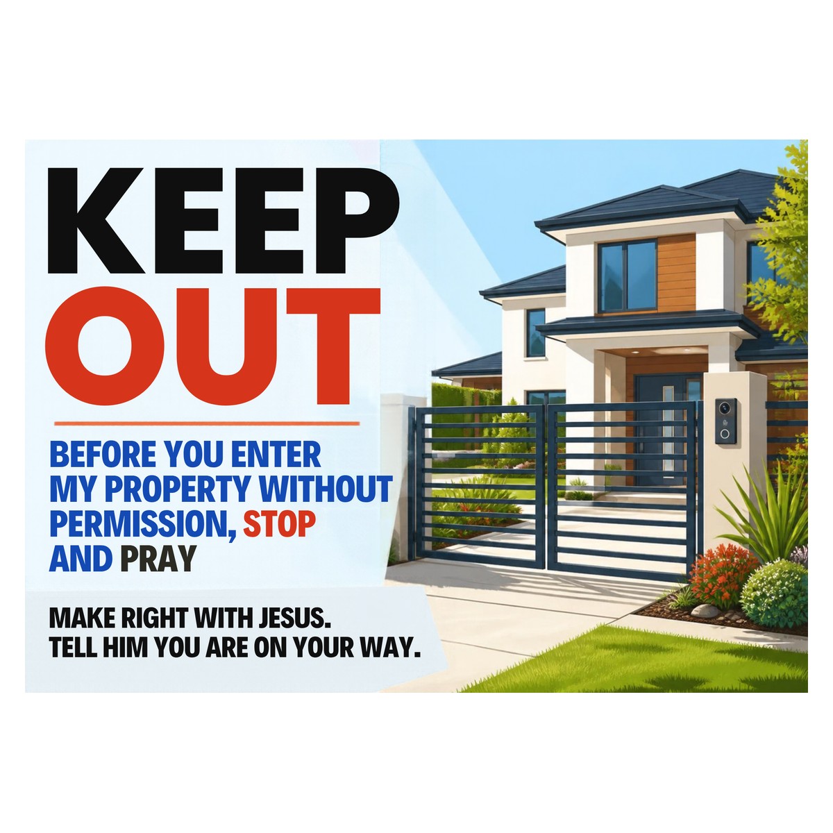 Keep Out — Stop and Pray (Modern House) Sign