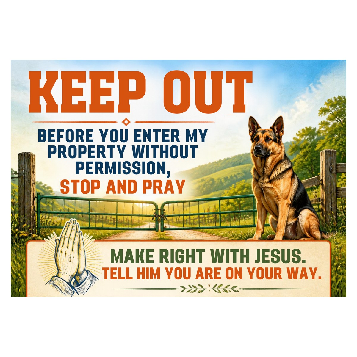 Keep Out — Stop and Pray (Shepherd) Sign